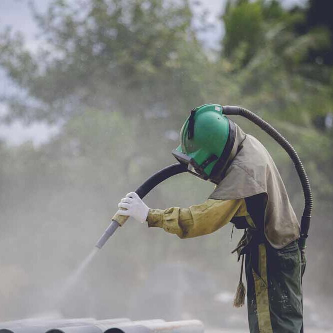 Male worker Sand blasting process cleaning pipeline surface Male worker sandblasting dust process cleaning pipeline surface on steel before painting in the factory.